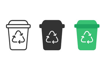 Tri-Style Recycling Bins. Minimalist recycling bin icon: three identical recycling bins in a row, first in line style with thin