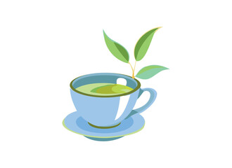Elegant Hot Tea Cup with Green Leaves Vector Illustration
