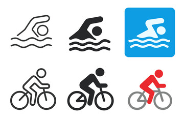 Minimalist Sports Icons. Linear minimalistic swimming icon: swimmer outline with waves, uniform line thickness, no fill, Solid