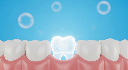 A close-up 3D render of human gum tissue with three healthy, realistic white teeth, and one central molar floating above, rendered as a glowing, transparent, white wireframe model. The wireframe tooth