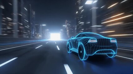 Blue glowing wireframe car drives fast through futuristic digital city street - Powered by Adobe