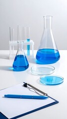 Laboratory glassware filled with blue liquid