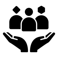 Diversity and inclusion icon showing hands supporting people of different shapes. Represents equality, multicultural unity, and belonging.