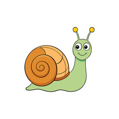 Funny cartoon snail with big eyes sitting on a sandy island isolated on white background