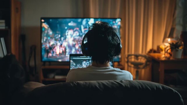 Young asian male gamer wearing headphones playing video games at night