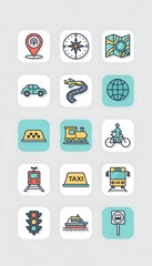 Assorted vector icons depict various methods of travel and location