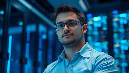 admin. A technical professional in casual attire stands against a blurred server room with cool blue lighting accents. product launch decks.