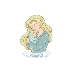 Gentle Mother Holds Newborn Baby With Love And Tenderness On White Background With Family Banner Ribbon