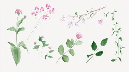 Fototapeta premium Watercolor hand-drawn botanical illustrations of medicinal herbs and wildflowers, detailed with delicate lines and soft pastel hues, representing holistic health, natural remedies, and eco-conscious l