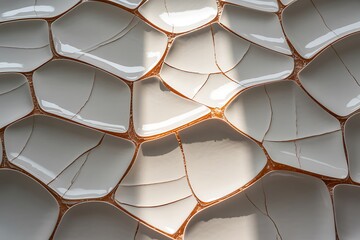 Abstract Textured Ceramic Surface with Golden Cracks and Shadow Patterns