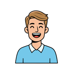 Happy Caucasian man with blond hair wearing a light blue collared shirt smiling broadly with mouth open against a plain white background in a clean vector art style conveying joy and friendliness