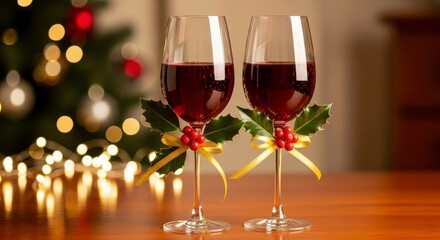 Christmas Red Wine Glasses with Festive Decor.