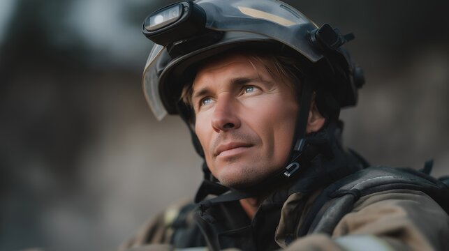 Close-up of firefighter wearing AR helmet connected to drone feed, receiving AI-generated rescue route overlays in real time. cinematic color correction, natural uneven lighting yet gentle