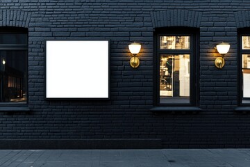 Dark brick building facade with blank signage and windows