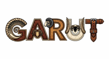 Illustrated decorative word garut with ram and leather belt elements