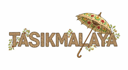 Floral Tasikmalaya artwork with umbrella and flower accents illustration