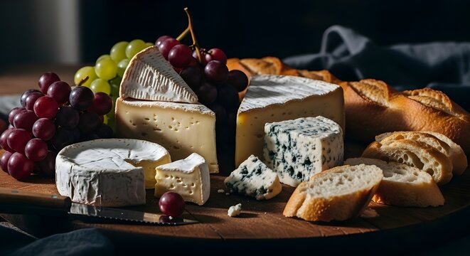 French cheese platter with bread and grapes in moody dark style