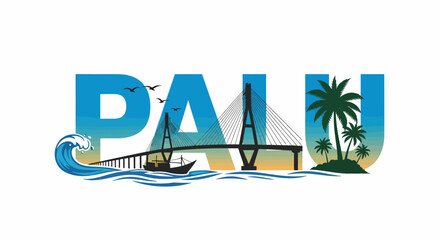 Illustration Palu city skyline featuring bridge wave birds palms silhouette design