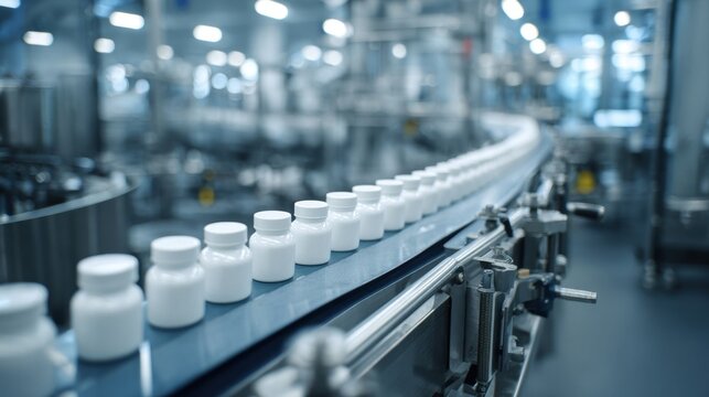 White medicine bottles moving on conveyor belt in modern pharmaceutical factory interior.