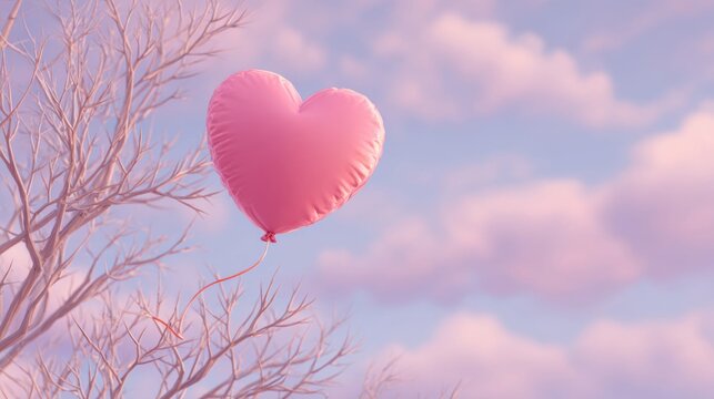 Heart shaped pink balloon flying near tree branches against blue sky with pastel clouds, representing romance and happiness.