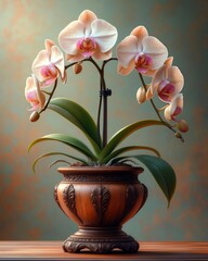 A single orchid in a decorative pot, soft purples and greens