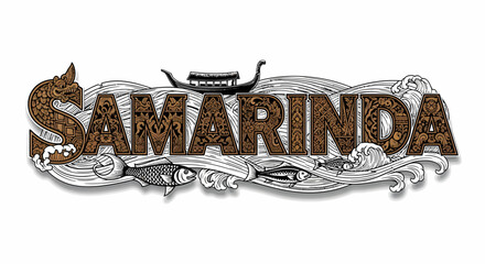 Illustrated Samarinda design featuring indigenous art wave boat and fishes