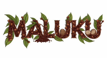 Illustrated Maluku letters made of cloves nutmeg and leaves