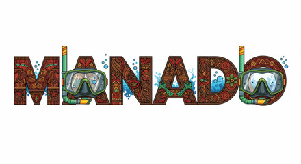 Decorative Manado typography with traditional motifs and diving gear illustration