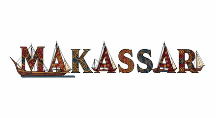 Decorative Makassar lettering illustration featuring traditional phinisi boats elements