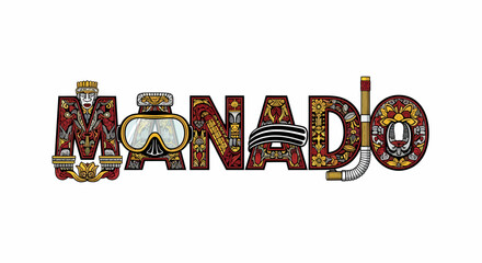 Decorative Manado text illustration showcasing local culture and diving elements