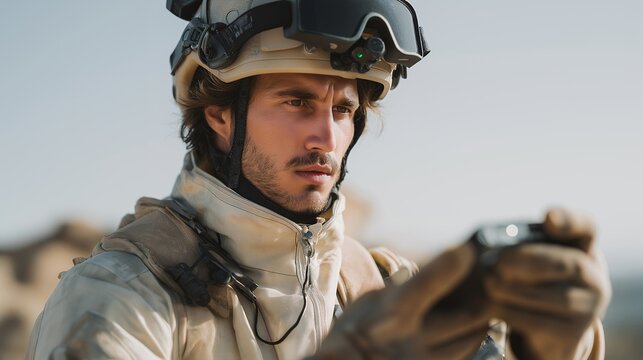 Close-up of firefighter wearing AR helmet connected to drone feed, receiving AI-generated rescue route overlays in real time. cinematic color correction, natural uneven lighting yet gentle - Powered by Adobe