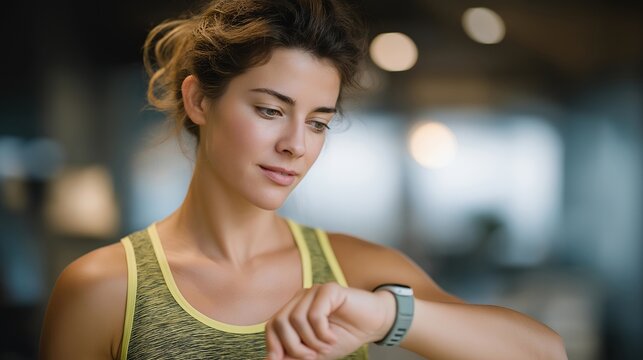 Woman wearing smart wristband monitoring real-time health metrics, emotion of calm visible, representing wearable technology, continuous health tracking, and personalized medical innovation. - Powered by Adobe