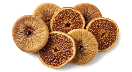 A pile of delicious dried figs sliced and whole on a clean white background.