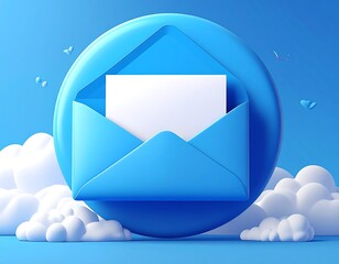 A 3D rendered image of a blue envelope and a white card centered in a blue circle surrounded by puffy clouds and tiny hearts