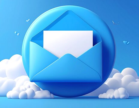 A 3D rendered image of a blue envelope and a white card centered in a blue circle surrounded by puffy clouds and tiny hearts - Powered by Adobe