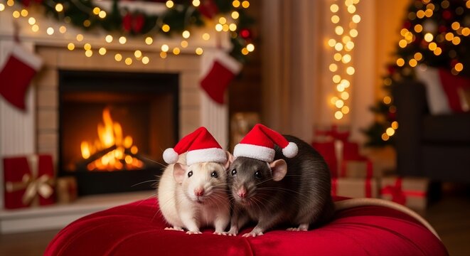 Two Cute Pet Rats in Santa Hats Celebrating Christmas by Fireplace with Holiday Decorations