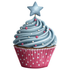 Blue frosting cupcake with star topper and sprinkles