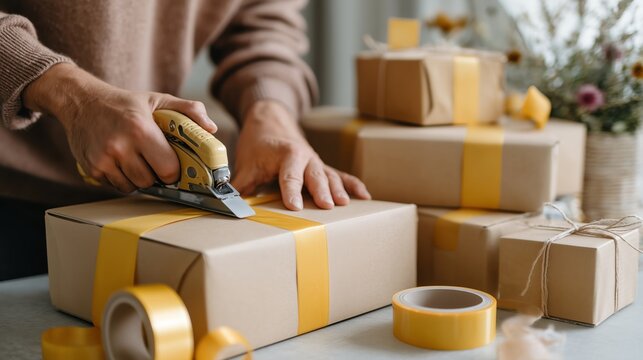 Wrapping gifts with yellow ribbon at a cozy indoor setting during the holiday season