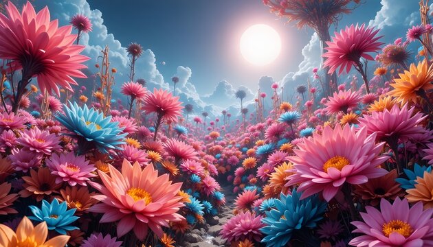 &ldquo;AI-designed flower world filled with neon pink, gold, and turquoise plants under a digital sun.&rdquo;
