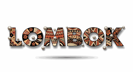 3D illustration lombok typography with ethnic patterns and silver beads