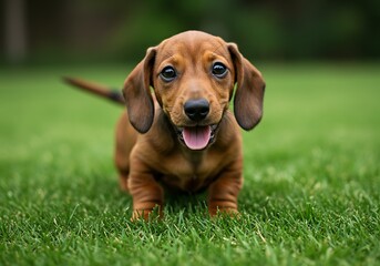 Adorable Dachshund Puppy Standing on Green Grass with Open Mouth.