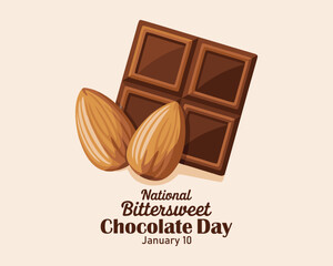 National Bittersweet Chocolate Day vector. Dark chocolate bar and almonds icon vector. January 10.