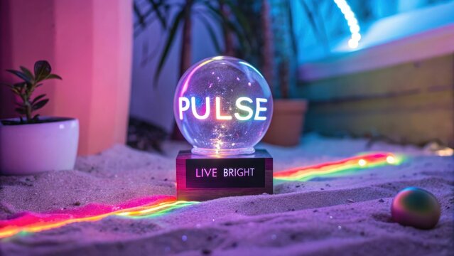 Glowing neon orb on sand with rainbow and words displayed