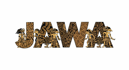 Illustration jawa text with traditional wayang characters and batik pattern