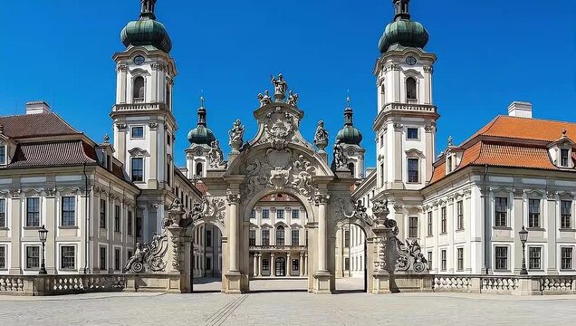 Zoom towards the ornate baroque facade of Ottobeuren Abbey in Bavaria, Germany, on a sunny day.