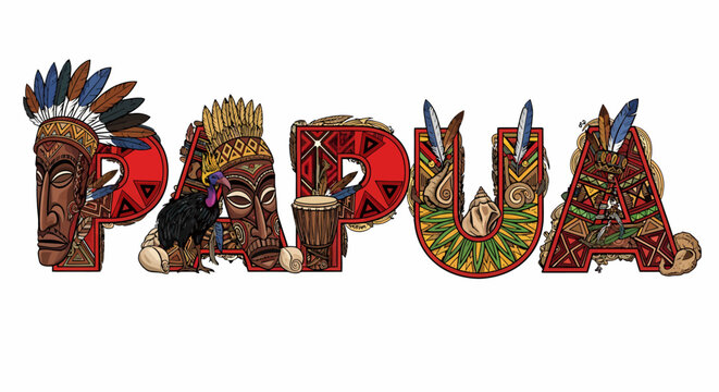 Decorative Papua typography illustration featuring traditional cultural elements art