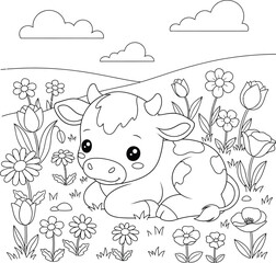  Adorable Calf in a Flower Field Outline - Cute Baby Cow in Nature for Kids' Coloring Books