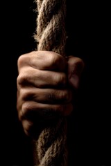 Strong Hand Firmly Gripping Thick Rope in Dramatic Lighting Symbolizing Strength and Determination