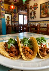 Authentic Mexican Tacos with Fresh Toppings on a Plate in a Vibrant Restaurant.