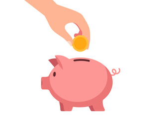 A hand is inserting a gold coin into a pink piggy bank.